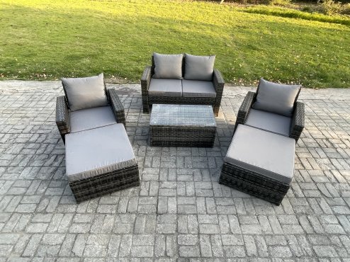 Fimous Outdoor Rattan Garden Furniture Set 6 Seater Patio Lounge Sofa Set with Coffee Table 2 Big Footstool Dark Grey Mixed