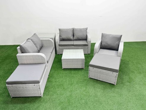 Fimous High Back Poly Rattan Garden Furniture Set with Reclining Chair Loveseat Sofa Square Coffee Table Indoor Outdoor Patio Set 2 Big Stool Side Table Light Grey
