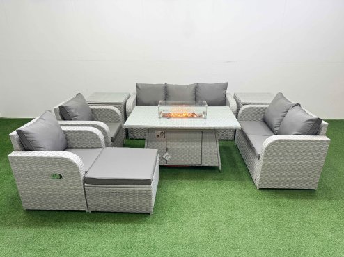Fimous PE Rattan Garden Furniture Set Reclining Chair Sofa Double Love Seat 2 Seater Sofa Lounge Set Firepit Dining Table Big Footstool 2 Side Table Light Grey