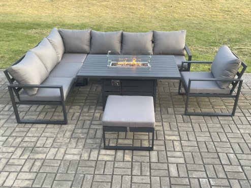 Fimous Aluminium Outdoor Garden Furniture Corner Sofa Gas Fire Pit Dining Table Sets Gas Heater Burner with Chair Big Footstool Dark Grey 8 Seater