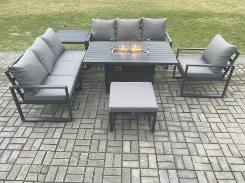 Fimous Aluminium 6 Pieces Garden Furniture Sofa Set with Cushions 8 Seater Gas Fire Pit Dining Table Set with Side Table Big Footstool Dark Grey