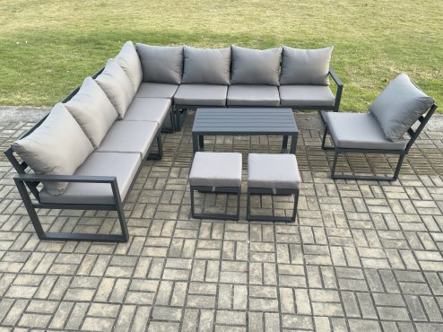 Fimous Aluminium 10 Seater Patio Outdoor Garden Furniture Lounge Corner Sofa Set with Oblong Coffee Table 2 Small Footstools Dark Grey