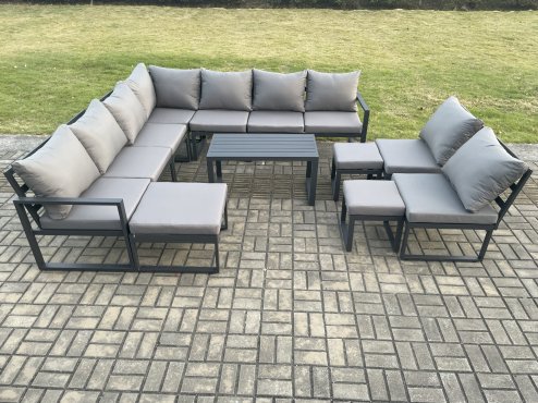 Fimous Aluminium 12 Seater Patio Outdoor Garden Furniture Lounge Corner Sofa Set with Oblong Coffee Table with 3 Footstools Dark Grey