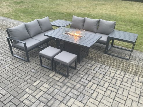 Fimous Aluminium 8 Seater Outdoor Garden Furniture Lounge Sofa Set Gas Fire Pit Dining Table with 2 Small Footstools 2 Side Tables Dark Grey