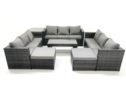 Fimous Outdoor Garden Furniture Set 7 Pieces Rattan Sofa Set with Coffee Table 2 Big Footstools Side Table Dark Grey Mixed