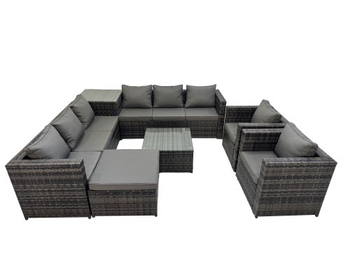 Fimous 9 Seater Garden Outdoor Rattan Furniture Set Patio Corner Sofa Coffee Table with 2 Chiar Side Table Big Stool Dark Grey