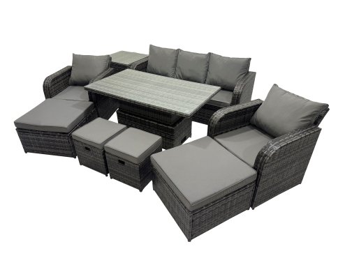 Fimous Rattan Garden Furniture Dining Set 8-seater Patio Height Adjustable Rising Lifting Table Sofa Set with Side Table 2 Big Footstool Dark Grey Mixed