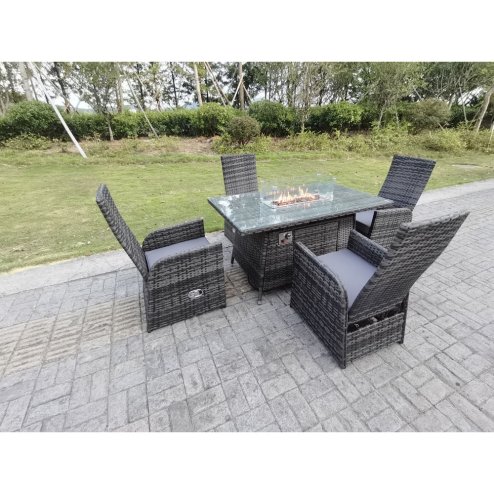 Fimous Rattan Garden Furniture Gas Fire Pit Rectangle Oblong Dining Table And Chairs 4 Seater Plus Rectangular Table