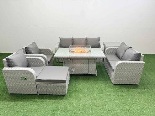 Fimous PE Rattan Garden Furniture Set Reclining Chair Sofa Double Love Seat 2 Seater Sofa Lounge Set Firepit Dining Table Big Footstool Side Table Light Grey