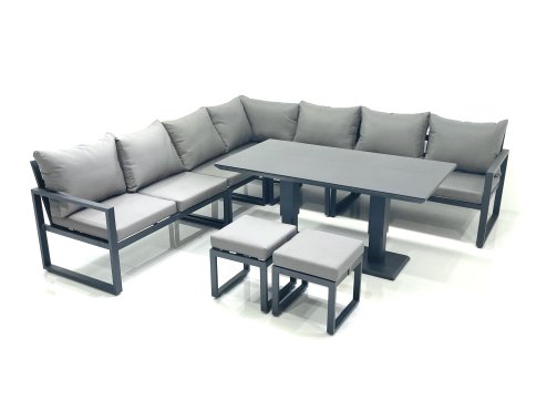 Fimous 9 Seater Outdoor Aluminum Garden Furniture Set Corner Sofa 2 Small Footstool Adjustable Rising Lifting Dining Table Sets Dark Grey