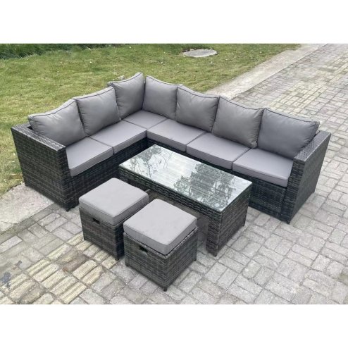 Fimous 8 Seater Rattan Corner Sofa Lounge Sofa Set With Rectangular Coffee Table 2 Stool Dark Grey Mixed Left Hand