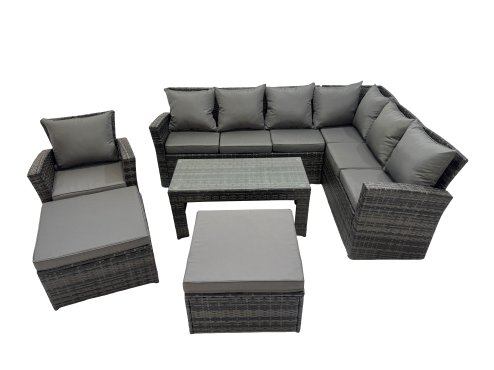 Fimous Rattan Garden Furniture Set 6 Pieces Outdoor Garden Sofa Oblong Coffee Table Set with Chair 2 Big Footstools Dark Grey Mixed