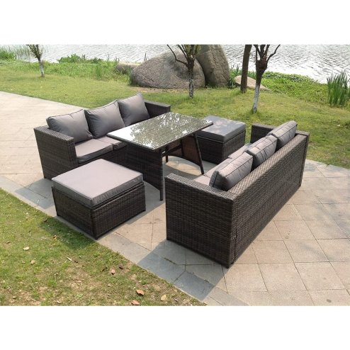 Fimous 8 Seater Lounge Rattan Sofa Dining Table Outdoor Garden Furniture