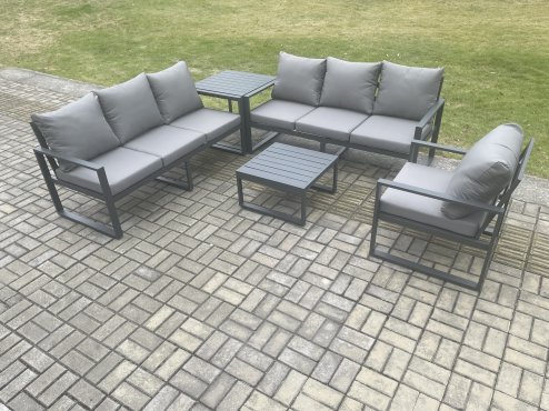 Fimous Aluminium 7 Seater Outdoor Garden Furniture Lounge Sofa Set with Square Coffee Table Chair Side Table Dark Grey
