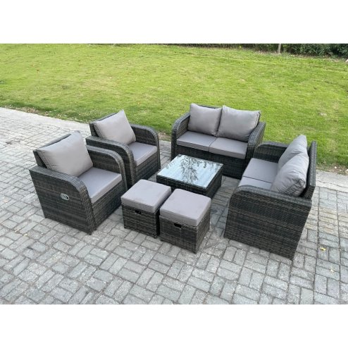 Fimous Garden Furniture Set Rattan Outdoor Lounge Sofa Chair With Tempered Glass Table 2 Small Footstools Dark Grey Mixed