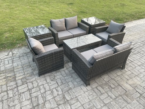 Fimous 6 Seater Dark Grey Mixed High Back Rattan Sofa Set Coffee Table Garden Furniture Outdoor Patio With Love Sofa Arm Chairs 2 Side Tables