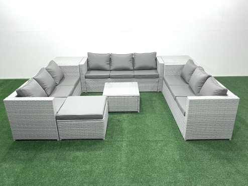 Fimous Rattan Garden Outdoor Furniture Set 10 Seater Rattan Garden Sofa Set with Big Footstool 2 Side Tables Light Grey Mixed