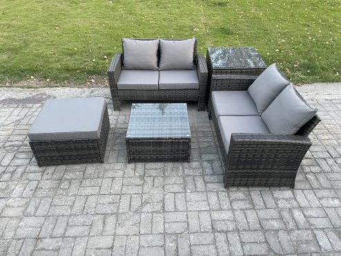 Fimous Rattan Garden Furniture Set 5 piece Patio Rattan Furniture Sofa Weaving Wicker includes 2 Double Seat Sofa, Coffee Table, Big Footstool and Side Table