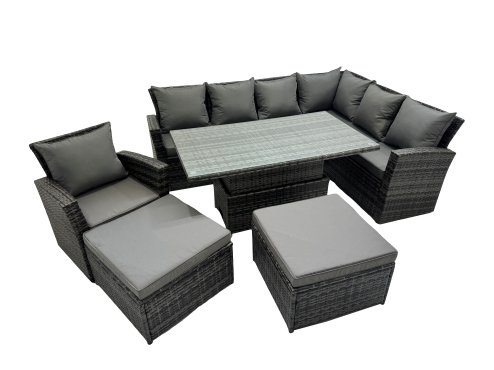 Fimous 9 Seat Rattan Garden Furniture Corner Sofa Set Outdoor Adjustable Lifting Dining or Coffee Table Set with 2 Big Footstools Dark Grey Mixed