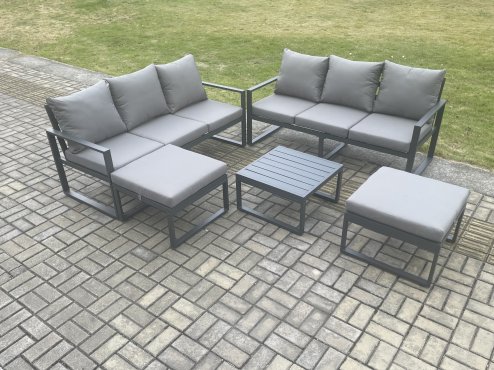 Fimous Aluminium 5 Pieces Garden Furniture Sofa Set with Cushions 8 Seater Outdoor Patio Set with Square Coffee Table 2 Big Footstools Dark Grey