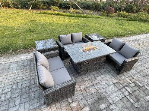 Fimous High Back Rattan Garden Furniture Sofa Sets with Outdoor Furniture Gas Firepit Dining Table Set 2 Side Tables Dark Grey Mixed