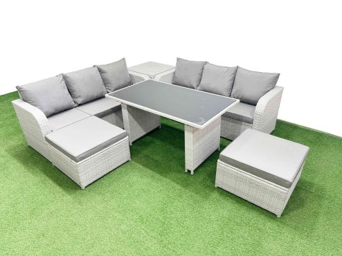 Fimous 8 Seater Rattan Outdoor Dining Table 3 Seater Sofa Set with Side Table 2 Big Stools Light Grey