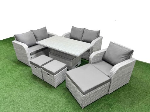 Fimous High Back Poly Rattan Garden Furniture Set with Reclining Chair Loveseat Sofa Adjustable Lifting Dining or Coffee Table Indoor Outdoor Patio Set 3 Stools Light Grey