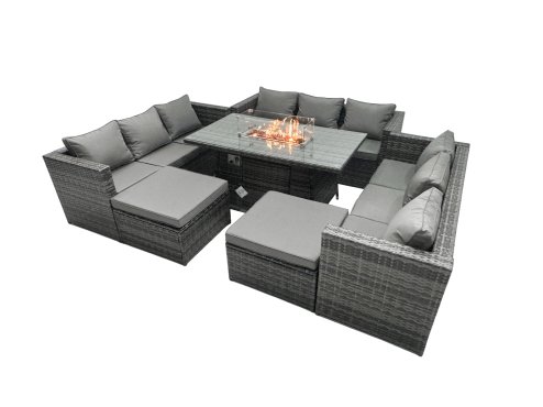 Fimous Rattan Garden Furniture Firepit Set Outdoor 11 Seater Patio Dining Sets with Glass Top Dining Table