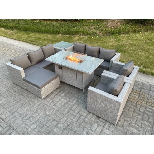 Fimous Light Grey Rattan Fire Pit Garden Furniture Set Gas Heater Burner Lounge Sofa Dining Set Coffee Table Chairs Footstool