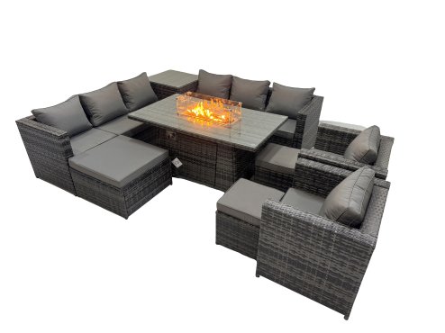 Fimous 11 Seater Garden Outdoor Rattan Furniture Set Patio Corner Sofa Gas Firepit Dining Table with Side Table 3 Stools Dark Grey