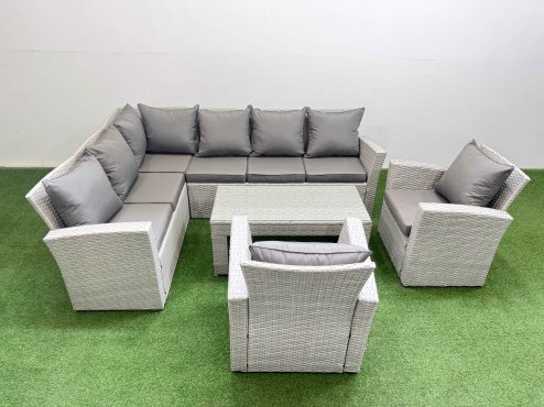 Fimous Rattan Garden Furniture Set Outdoor 8 Seater Corner Sofa Sets with Oblong Coffee Table Chair Light Grey Mixed