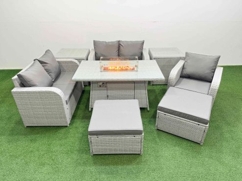 Fimous High Back Poly Rattan Garden Furniture Set with Reclining Chair Loveseat Sofa Firepit Dining Table Indoor Outdoor Patio Set 2 Big Stool 2 Side Table Light Grey