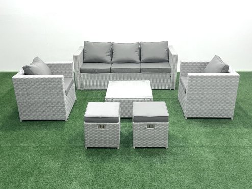 Fimous 7 Seater Rattan Garden Furniture Set with 3 Seater Sofa 2 Chair Square Coffee Table 2 Small Footstools Light Grey Mixed
