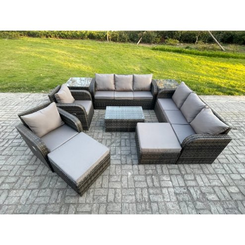 Fimous 10 Seater Rattan Outdoor Garden Furniture Sofa Set Patio Table & Chairs Set with 3 Seater Sofa Reclining Chair 2 Big Footstool 3 Seater Sofa 2 Side Tables Dark Grey Mixed