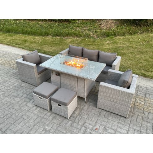 Fimous Light Grey Rattan Garden Furniture Set Gas Fire Pit Dining Table Set Heater Burner Chairs With 2 PC Stools
