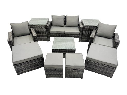 Fimous PE Rattan Garden Furniture Set Lounge Sofa Coffee Table Set with 2 Side Tables 4 Footstools Dark Grey Mixed