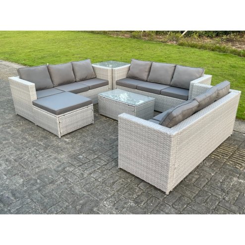 Fimous 10 Seat Light Grey Lounge Outdoor PE Rattan Garden Furniture Set Wicker Sofa Set Oblong Coffee Table Side Table Footstool