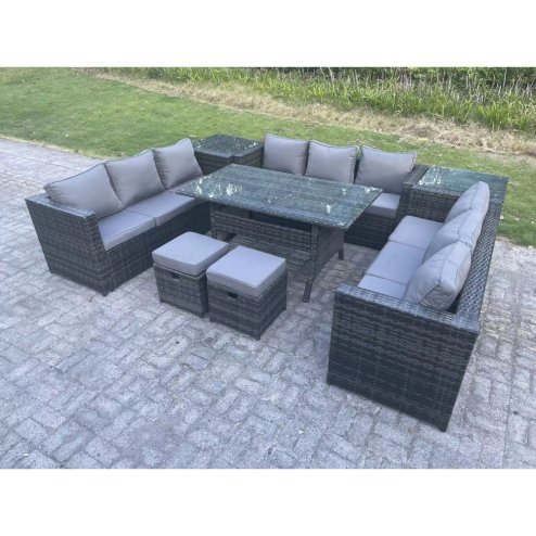Fimous Outdoor PE Wicker Garden Furniture Rattan Lounge Sofa Set Patio Rectangular Dining Table with 2 Small Footstool 2 Side Table 11 Seater Dark Grey Mixed