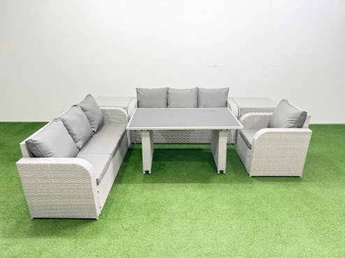 Fimous Rattan Garden Furniture Dining Set 7-seater Patio Rectangular Table Sofa Set with 2 Side Tables Light Grey