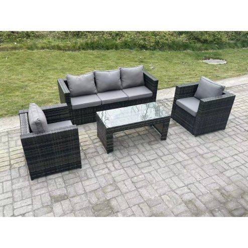 Fimous Lounge Rattan Sofa Set Outdoor Garden Furniture With 2 Chairs Oblong Rectangular Coffee Table