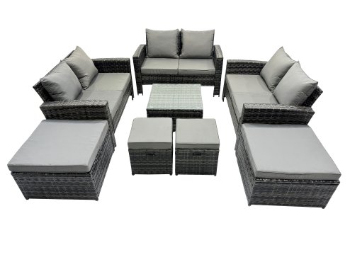 Fimous PE Rattan Garden Furniture Set Lounge Double Seat Sofa Coffee Table Set with 4 Stools Dark Grey Mixed