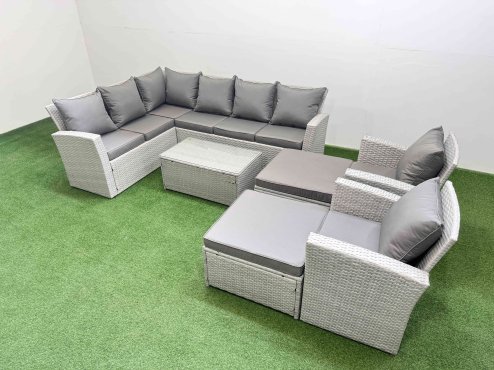Fimous 10 Seater Garden Outdoor PE Rattan Furniture Set Rattan Garden Sofa Set with 2 Big Footstools 2 Chair Light Grey Mixed