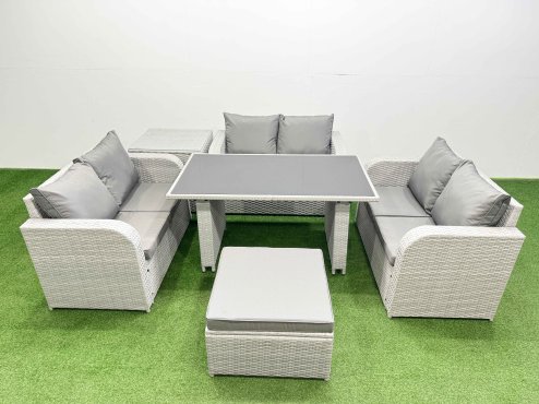 Fimous 7 Seater Patio Garden Furniture Sets with Black Glass Top Dining Table Love Sofa Side Table Big Stool Light Grey