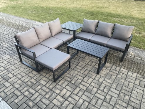 Fimous Aluminium 5 Pieces Outdoor Garden Furniture Lounge Sofa Set with Oblong Coffee Table Big Footstool Side Table Dark Grey