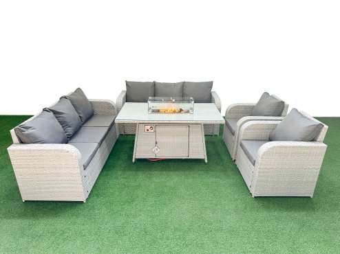 Fimous PE Rattan High Back Lounge Sofa Set Patio Firepit Dining Table & Chairs Set with 3 Seater Sofa Reclining Chair Light Grey