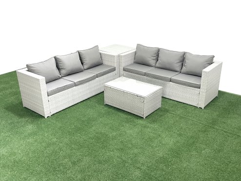 Fimous Garden Outdoor PE Rattan Furniture Set 6 Seater Rattan Garden Sofa Set with Side Table Light Grey Mixed