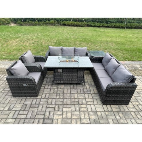 Fimous Rattan Garden Furniture Set with Fire Pit Table,Chair and Side Table 8 Seater Outdoor Patio Lounge Sofa Set Dark Grey Mixed