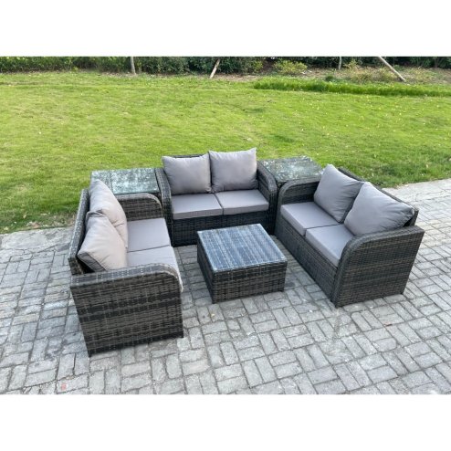Fimous Outdoor Garden Furniture Sets 6 Seater Wicker Rattan Furniture Sofa Sets with Square Coffee Table Love seat Sofa 2 Side Tables