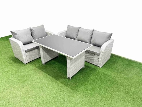 Fimous Garden Furniture Set PE Ratten Garden Sofa Set with Rectangular Dining Table Light Grey