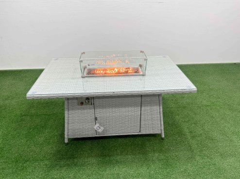 Fimous 9 Seat PE Rattan Lounge Sofa Set Outdoor Garden Furniture Set with Firepit Dining Table 3 Seater Sofa 3 Stools Side Table Light Grey
